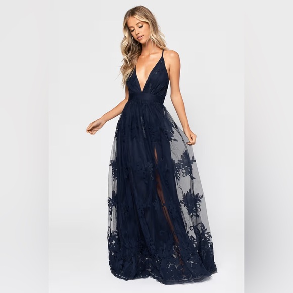Dresses & Skirts - Elegant navy dress with floral lace overlay and plunging neckline